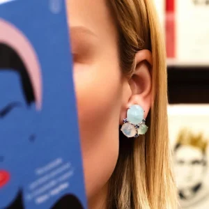 Three Cab Earrings in Blues & White Gold